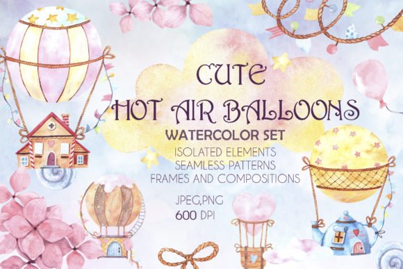 Cute Hot Air Balloons Watercolor Set Illustrations