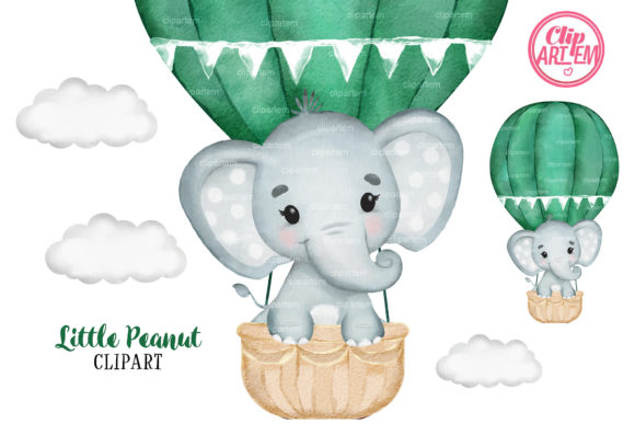 Hot Air Balloon Elephant Green Boy Illustrations
