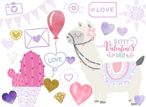 Llama Valentine Clip Art Bundle Set and Illustrations