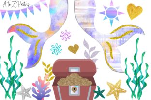 Mermaid Watercolor Glitter Clip Art Set and Illustrations