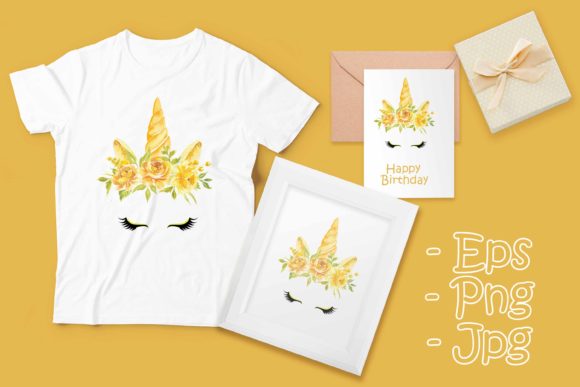Unicorn Head with a Yellow Flower Crown Illustrations